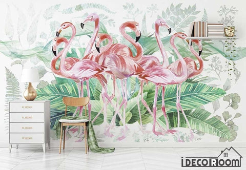 Image of Vintage Watercolor Flamingo Turtle Leaf wallpaper wall murals IDCWP-HL-000311