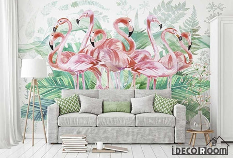 Image of Vintage Watercolor Flamingo Turtle Leaf wallpaper wall murals IDCWP-HL-000311