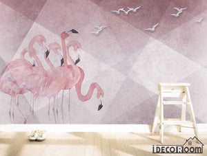 beautiful pink flamingo embossed bird geometric wallpaper wall murals IDCWP-HL-000321