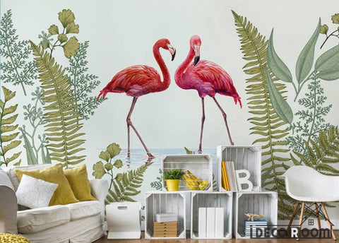 Image of American tropical rainforest flamingo wallpaper wall murals IDCWP-HL-000369