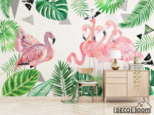 Nordic green leaf flamingo abstract wallpaper wall murals IDCWP-HL-000396