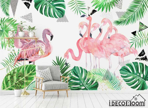 Image of Nordic green leaf flamingo abstract wallpaper wall murals IDCWP-HL-000396