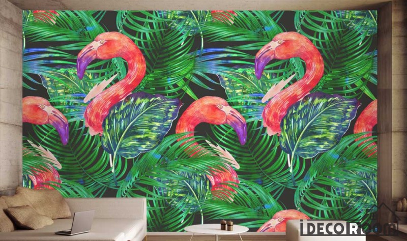 Nordic green leaf flamingo  wallpaper wall murals IDCWP-HL-000397