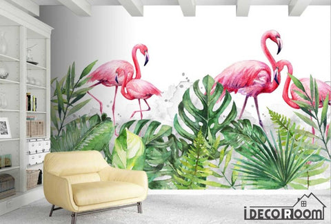 Image of Scandinavian flamingo greenery  wallpaper wall murals IDCWP-HL-000398