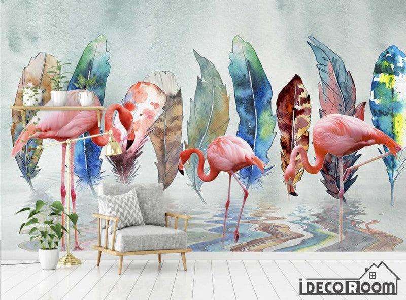 Scandinavian vintage watercolor feather flamingo wallpaper wall murals IDCWP-HL-000401