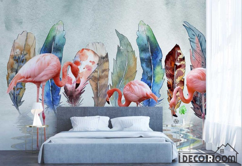 Scandinavian vintage watercolor feather flamingo wallpaper wall murals IDCWP-HL-000401