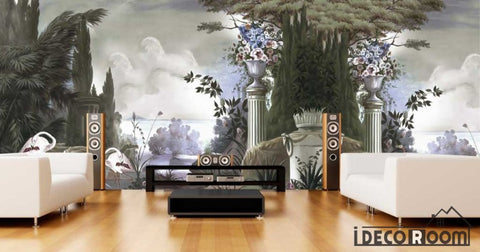 Image of European vintage rainforest flamingo pastoral wallpaper wall murals IDCWP-HL-000408