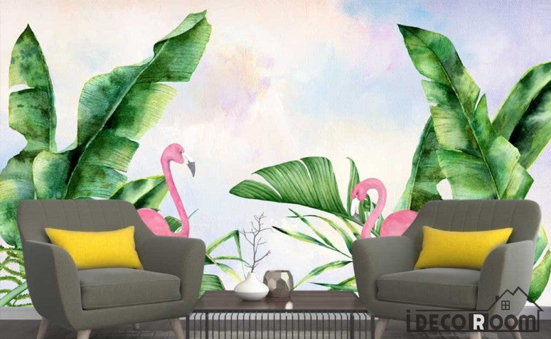 Nordic minimalist flamingo plant green leaves  wallpaper wall murals IDCWP-HL-000411
