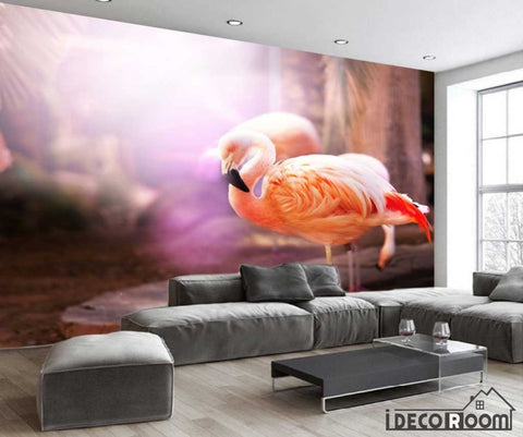 Image of Red tropical sun flamingo wallpaper wall murals IDCWP-HL-000412