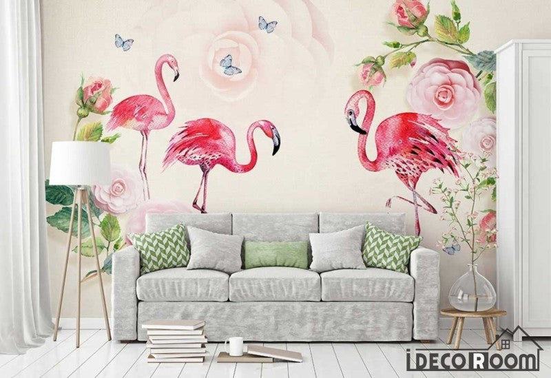 Watercolor green leafy camellia flamingo wallpaper wall murals IDCWP-HL-000415
