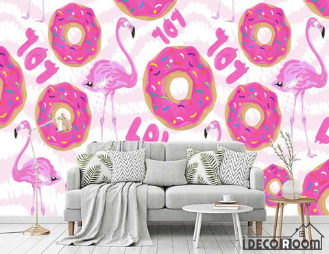Image of Nordic character flamingo donut decorative wallpaper wall murals IDCWP-HL-000416