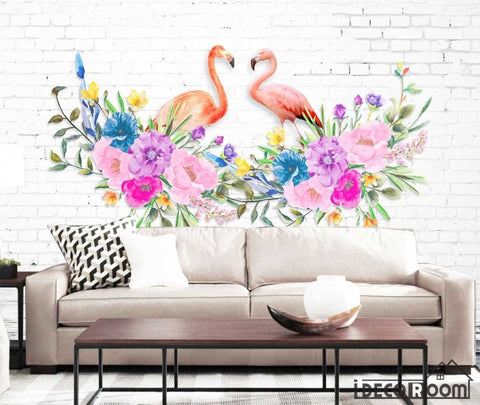 Image of Love flamingo  flowers Nordic wallpaper wall murals IDCWP-HL-000422