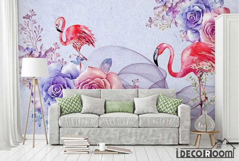 Image of romantic watercolor flowers Flamingo wallpaper wall murals IDCWP-HL-000424
