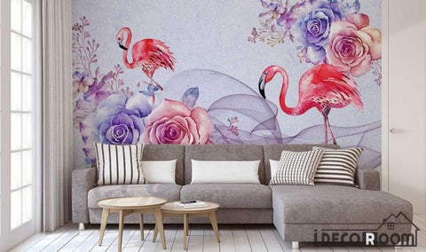 Image of romantic watercolor flowers Flamingo wallpaper wall murals IDCWP-HL-000424