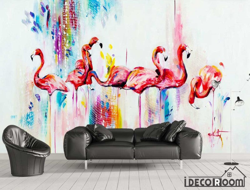 Nordic flamingo watercolor feather wallpaper wall murals IDCWP-HL-000429