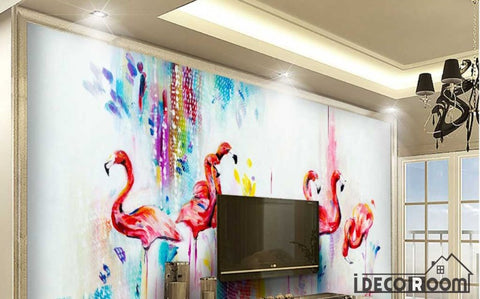 Image of Nordic flamingo watercolor feather wallpaper wall murals IDCWP-HL-000429