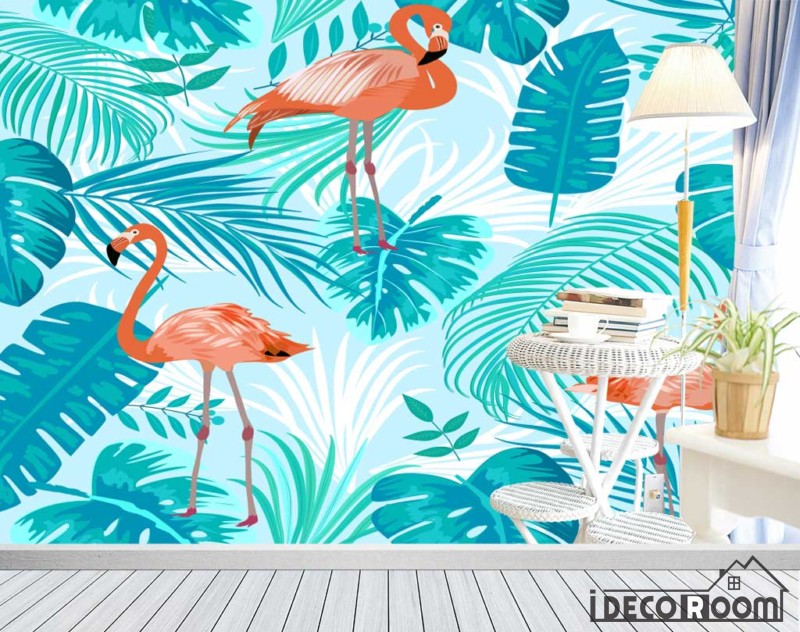 Nordic abstract flamingo banana leaf wallpaper wall murals IDCWP-HL-000441
