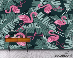 European vintage rainforest banana leaf flamingo wallpaper wall murals IDCWP-HL-000442