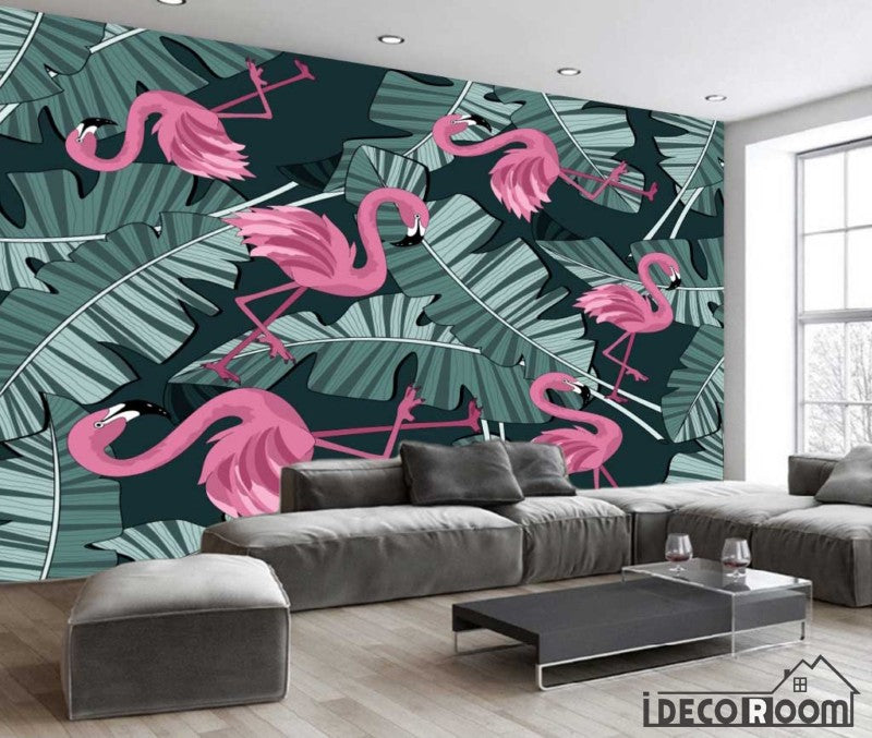 European vintage rainforest banana leaf flamingo wallpaper wall murals IDCWP-HL-000442
