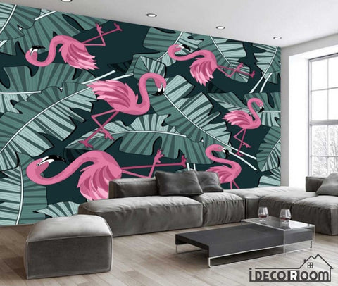 Image of European vintage rainforest banana leaf flamingo wallpaper wall murals IDCWP-HL-000442