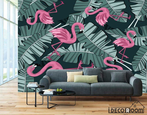 Image of European vintage rainforest banana leaf flamingo wallpaper wall murals IDCWP-HL-000442