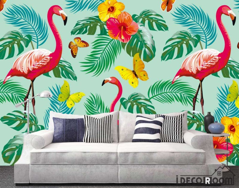 Nordic abstract flamingo banana leaf floral wallpaper wall murals IDCWP-HL-000443