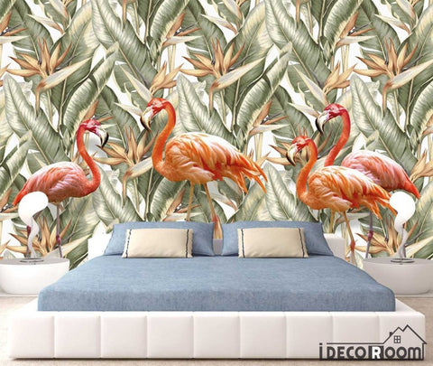 Image of palm leaf tropical rainforest plant flamingo wallpaper wall murals IDCWP-HL-000445