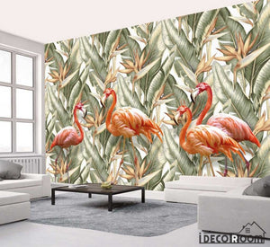 palm leaf tropical rainforest plant flamingo wallpaper wall murals IDCWP-HL-000445