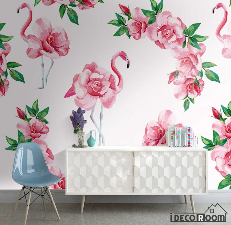 Modern minimalist watercolor flamingo flowers wallpaper wall murals IDCWP-HL-000452