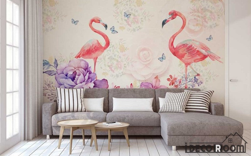 Nordic romantic watercolor flowers Flamingo wallpaper wall murals IDCWP-HL-000460