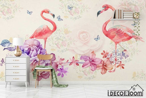 Image of Nordic romantic watercolor flowers Flamingo wallpaper wall murals IDCWP-HL-000460