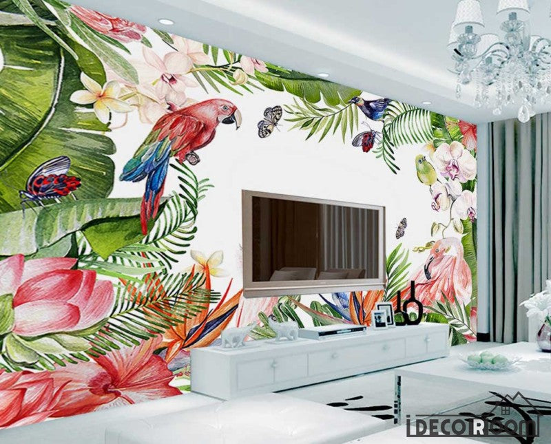 Modern watercolor tropical parrot plant wallpaper wall murals IDCWP-HL-000462