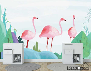 Nordic plant rainforest flamingo cartoon wallpaper wall murals IDCWP-HL-000475