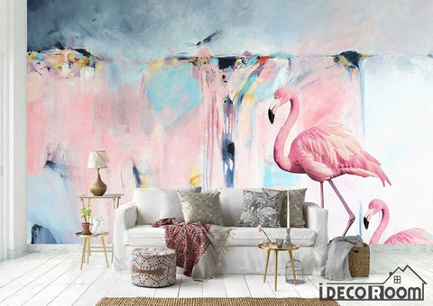 Image of modern minimalist oil painting line flamingo wallpaper wall murals IDCWP-HL-000483