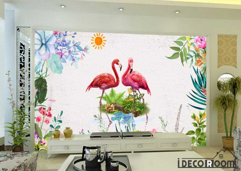 Nordic retro  floral flamingo sofa wallpaper wall murals IDCWP-HL-000491