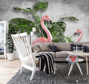 Nordic Tortoise Leaf Flamingo Cement Brick Wallcovering Mural IDCWP-HL-000498