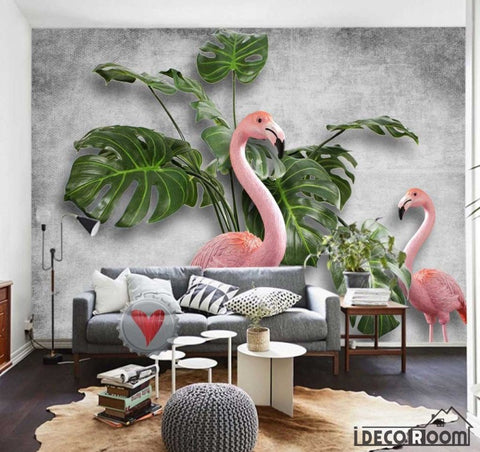 Image of Nordic Tortoise Leaf Flamingo Cement Brick Wallcovering Mural IDCWP-HL-000498