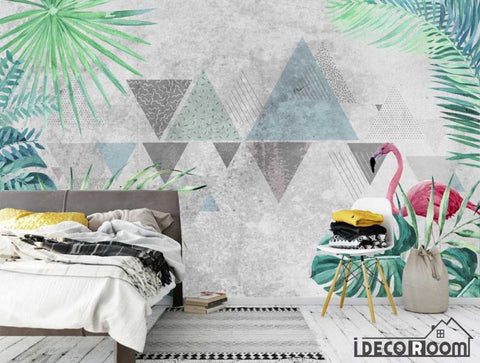 Image of Gray cement wall art tropical plant flamingo wallpaper wall murals IDCWP-HL-000505