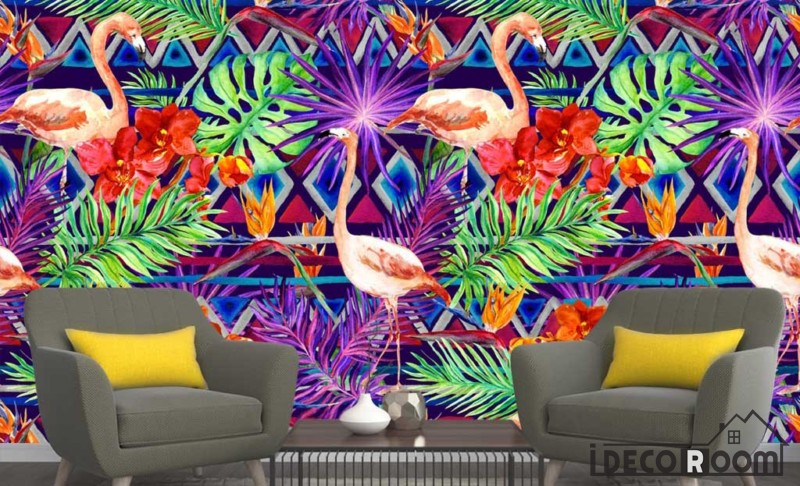 Nordic flamingo plant leaves  wallpaper wall murals IDCWP-HL-000509