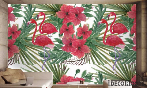 Image of Nordic plant leaves flowers flamingos  wallpaper wall murals IDCWP-HL-000510