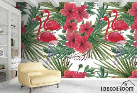 Image of Nordic plant leaves flowers flamingos  wallpaper wall murals IDCWP-HL-000510