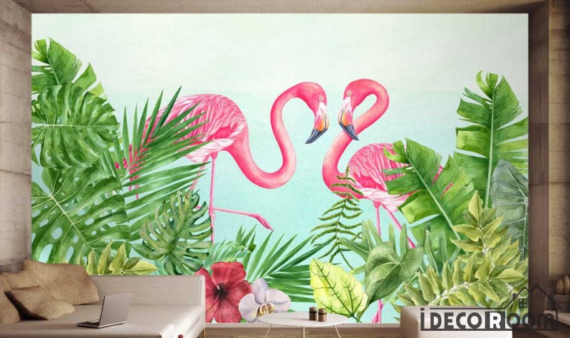 Nordic flamingo plant leaves  wallpaper wall murals IDCWP-HL-000515