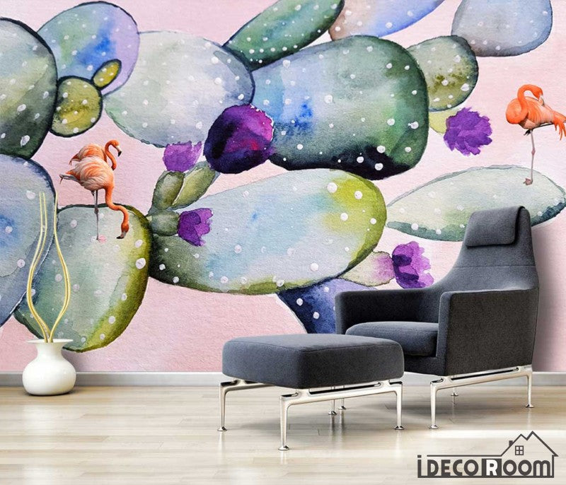watercolor cactus flamingo modern plant art wallpaper wall murals IDCWP-HL-000532