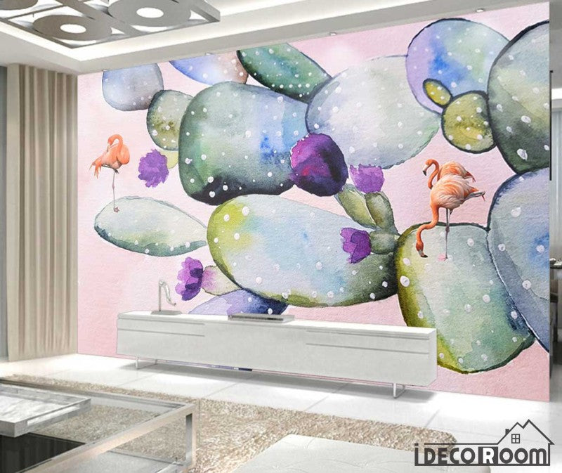 watercolor cactus flamingo modern plant art wallpaper wall murals IDCWP-HL-000532