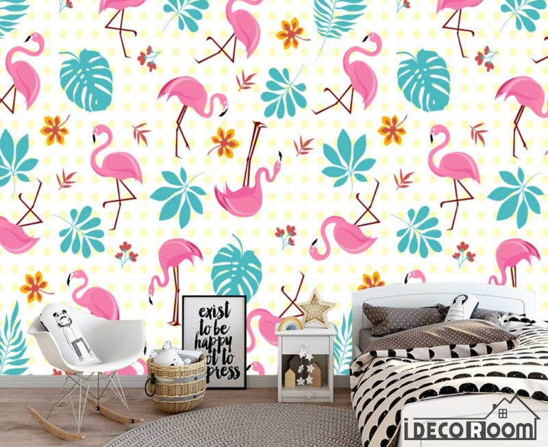Modern minimalist flamingo banana leaf cartoon wallpaper wall murals IDCWP-HL-000536