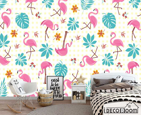 Image of Modern minimalist flamingo banana leaf cartoon wallpaper wall murals IDCWP-HL-000536