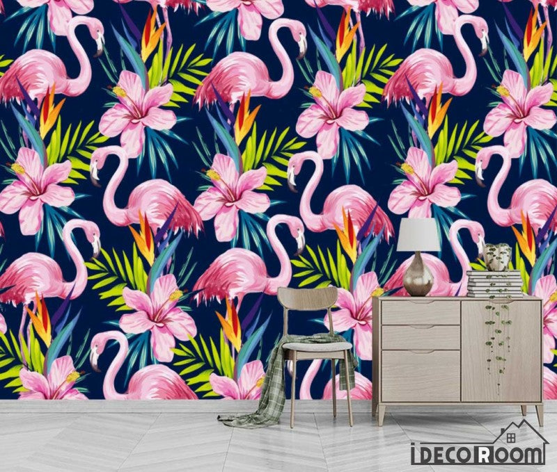 European vintage abstract banana leaf flamingo wallpaper wall murals IDCWP-HL-000537