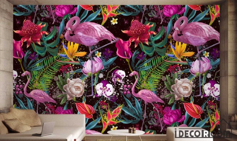 Nordic plant flowers flamingo  wallpaper wall murals IDCWP-HL-000542