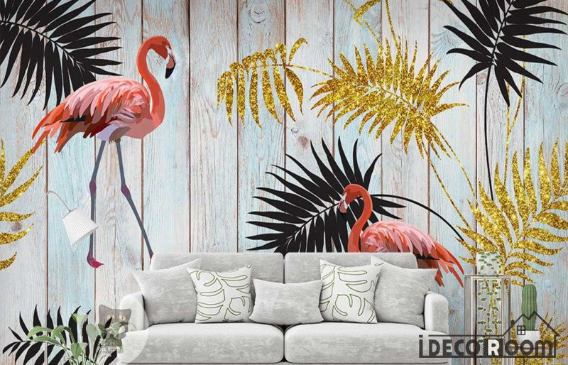 tropical golden leaves flamingo wood wallpaper wall murals IDCWP-HL-000543