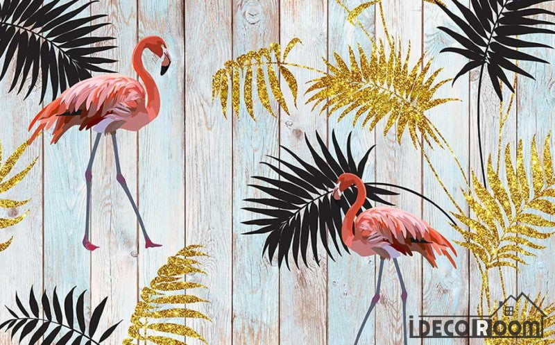 tropical golden leaves flamingo wood wallpaper wall murals IDCWP-HL-000543